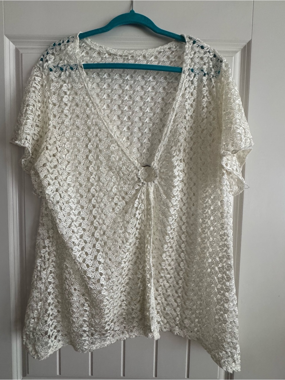 Women's Crochet V-Neck Ring Front Top - White